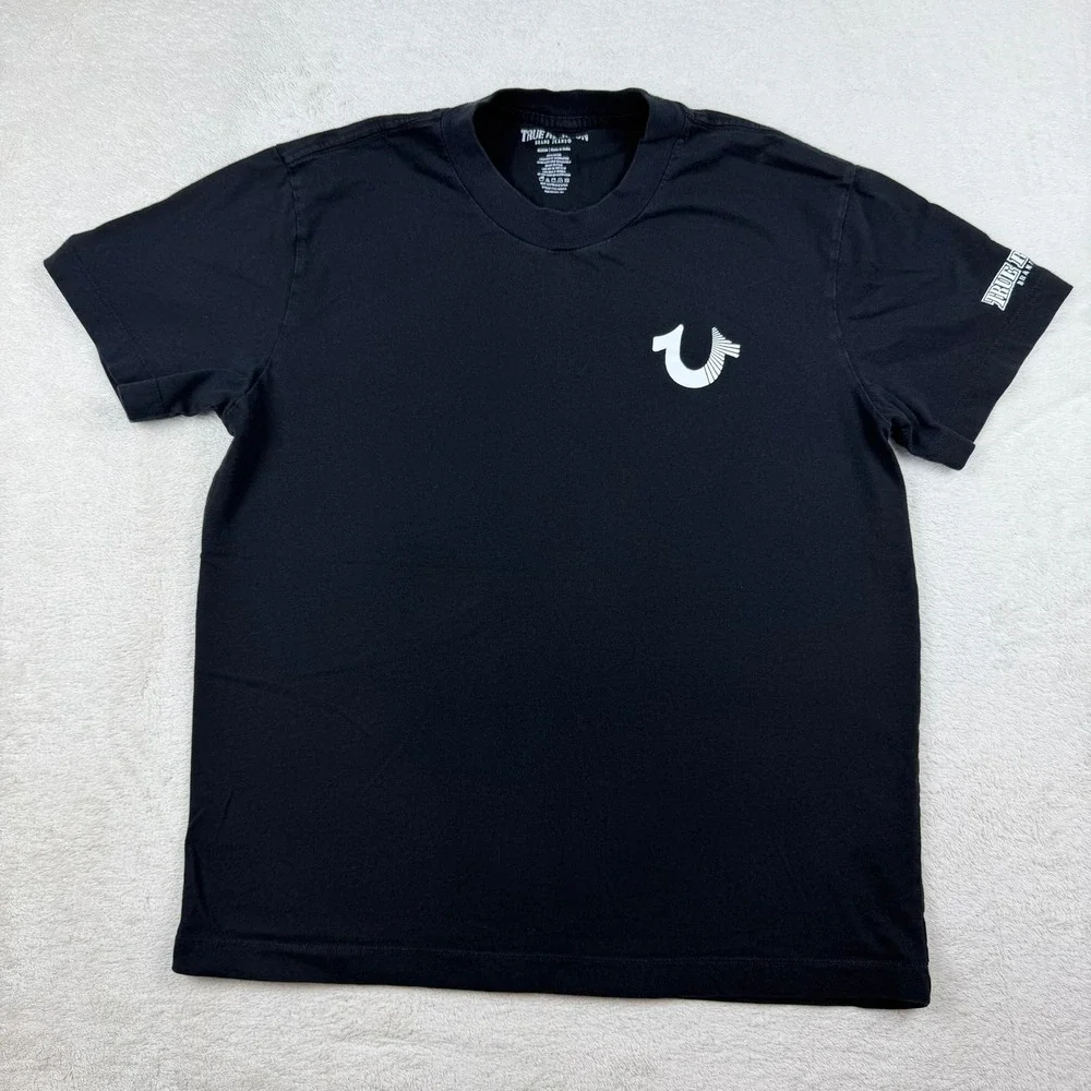 True Religion‎ Mens Black Horseshoe Logo Graphic T-Shirt Medium Bling Jewels